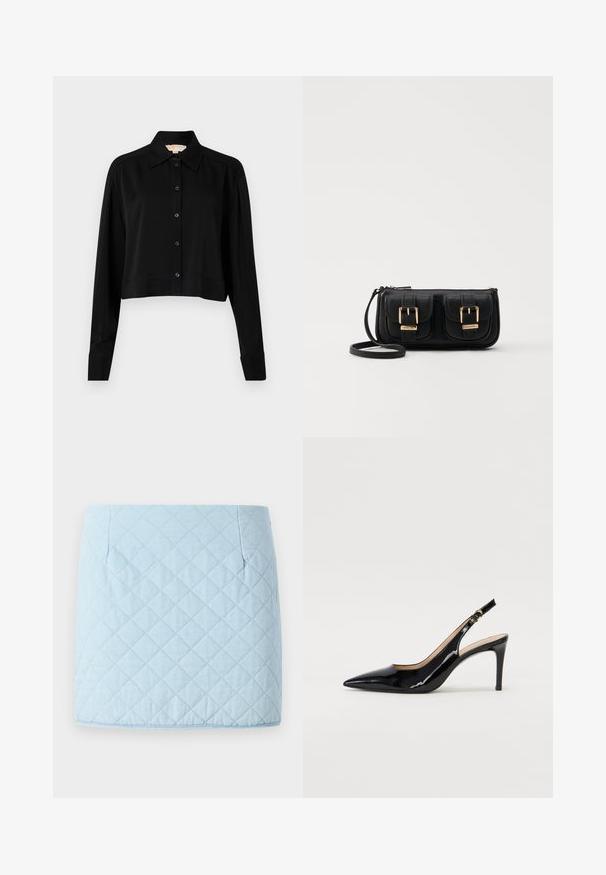 Must must shirt, mille pikkade varrukatega, terava kraega ja nööpidega esiosas. Valmistatud siledast kangast, millel on mugav lõige ja mansetiga varrukad.; Hele sinine vatitatud seelik, millel on teemantmustrit, kahe küljetasku ja sirge äärega. Valmistatud tekstuurses kangas.; Must hõbedavärvi patendiga slingback kontsakingad terava varbaga, kitsas konts ja peene lõikega disain. Statistika on kuldne pandla rihmal.; Must küllastamata nahast õlakott, millel on kaks esist nähtavat taskut, kuldsed pandlad, tõmblukuga sulgemine ja peen rihm. Tekstuuriga pind ja kompaktne ristkülikukujuline kuju.
