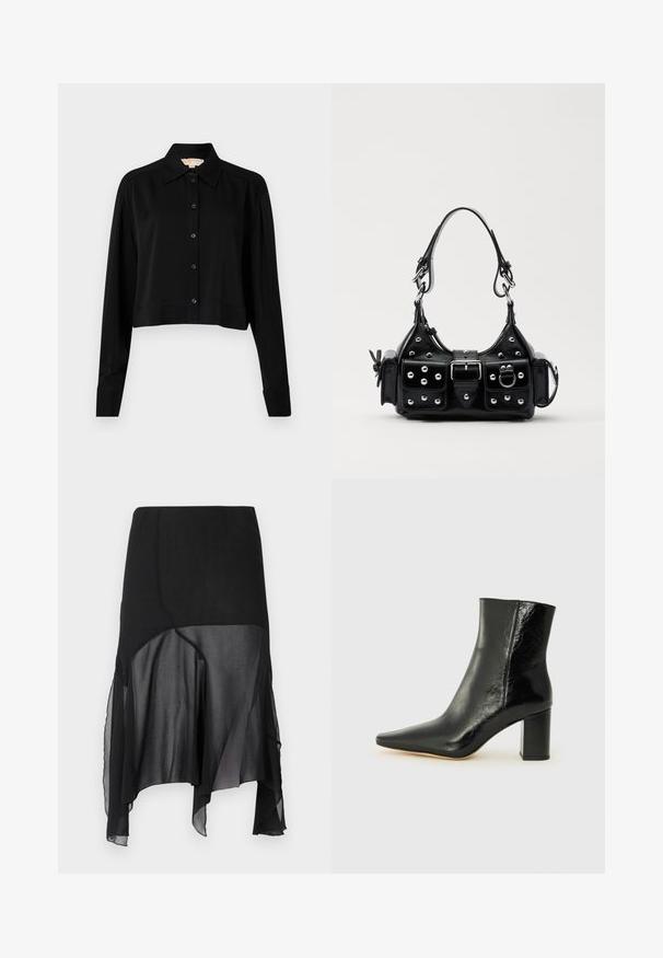 Black cropped shirt with long sleeves, a pointed collar, and button front. Made from smooth fabric with a relaxed fit and cuffed sleeves.; AVAVAV DRAPED SKIRT - A-line skirt - black; Black ankle boot made of glossy leather with a pointed toe and a chunky, square heel. Features a smooth texture and minimalistic design.; Black leather handbag with a curved design, featuring silver studs, a buckle, and two side pockets. Adjustable strap for carrying options.