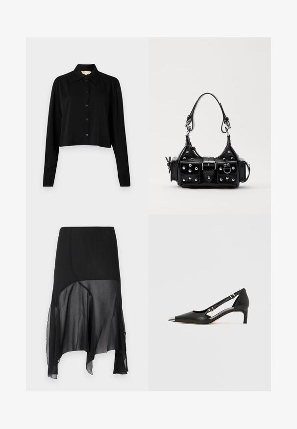 Black cropped shirt with long sleeves, a pointed collar, and button front. Made from smooth fabric with a relaxed fit and cuffed sleeves.; AVAVAV DRAPED SKIRT - A-line skirt - black; Black leather kitten heel with pointed silver toe cap and dual buckle straps on a white background.; Black leather handbag with a curved design, featuring silver studs, a buckle, and two side pockets. Adjustable strap for carrying options.