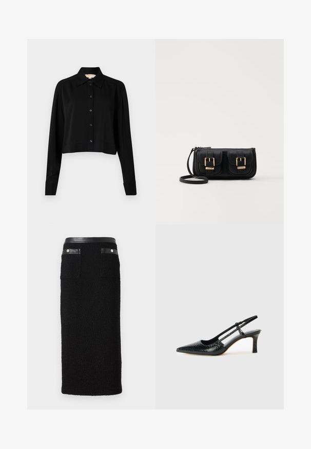 Crna skraćena košulja s dugim rukavima, uspravnim kragnom i dugmadi sprijeda. Izrađena od glatkog materijala s opuštenim krojem i manžetama.; Crna olovka suknja napravljena od teksturiranog materijala, s glatkim crnim pojasom, dva stražnja džepa s akcentima od srebrnog hardvera.; Crne lakirane slingback pete s oštrim vrhom, s teksturiranim uzorkom zmijske kože, podesivom remenom i kratkom, teksturiranom blok-petom.; Crna kožna torba preko ramena s dva prednja džepa, zlatnim kopčama, zatvaranjem na zip i uskim remenom. Teksturirana površina i kompaktan pravokutan oblik.