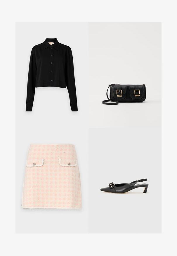 Zwarte cropped shirt met lange mouwen, een spitse kraag en een knoopsluiting aan de voorkant. Gemaakt van soepele stof met een ontspannen pasvorm en manchet-mouwen.; Wollen minirok in een roze en crème geruit patroon, met twee voorzakken met decoratieve knopen en een franjeszoom.; Zwarte leren slingback schoen met scherpe neus, kleine hak en decoratieve gespdetails op de bovenkant. Stijlvolle textuur, minimalistisch ontwerp.; Zwarte leren schoudertas met twee vo pockets, gouden gespen, ritsluiting en een smalle band. Tekstuur oppervlak en compacte rechthoekige vorm.