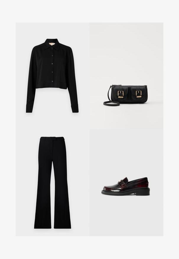 Black cropped shirt with long sleeves, a pointed collar, and button front. Made from smooth fabric with a relaxed fit and cuffed sleeves.; Black flared pants featuring a smooth texture, tailored waistband, and front pockets, designed with a sleek, modern silhouette.; Leather loafer in dark burgundy with a glossy finish. Features a stitched upper, a front strap, and a flat rubber sole.; Black leather crossbody bag with two front pockets, gold buckles, zipper closure, and a slim strap. Textured surface and compact rectangular shape.