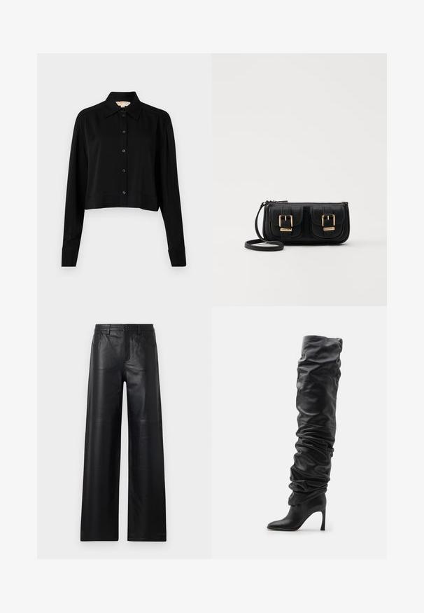 Chemise noire courte à manches longues, col pointu et fermeture par boutons. Fabriquée en tissu lisse avec une coupe décontractée et des manches à poignets.; Pantalons en cuir noir à jambes larges avec une texture lisse, dotés de poches avant, d'une fermeture par bouton et de détails de couture subtils.; Bottes noires en cuir au-dessus du genou avec un design ample, un bout pointu et un talon aiguille. Caractéristiques d'une texture douce et de détails froncés.; Sac en cuir noir porté en travers avec deux poches avant, boucles dorées, fermeture zippée et une sangle fine. Surface texturée et forme rectangulaire compacte.