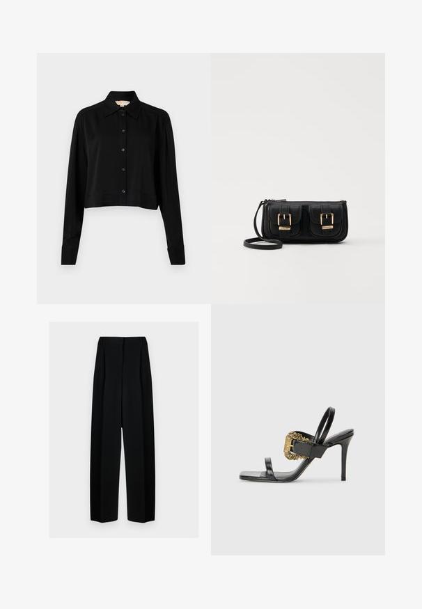 Must must shirt, mille pikkade varrukatega, terava kraega ja nööpidega esiosas. Valmistatud siledast kangast, millel on mugav lõige ja mansetiga varrukad.; Mustad laiad püksid kõrge vöökohtaga, millel on voldid ja sujuv tekstuur. Kanga välimus on kerge ja see ripub elegantselt.; Mustad nahast kõrged kontsad, millel on ruudukujuline varvas, kaks õhukest rihma ja dekoratiivne kuldne pandla, millel on keeruline kaunistus küljel.; Must küllastamata nahast õlakott, millel on kaks esist nähtavat taskut, kuldsed pandlad, tõmblukuga sulgemine ja peen rihm. Tekstuuriga pind ja kompaktne ristkülikukujuline kuju.