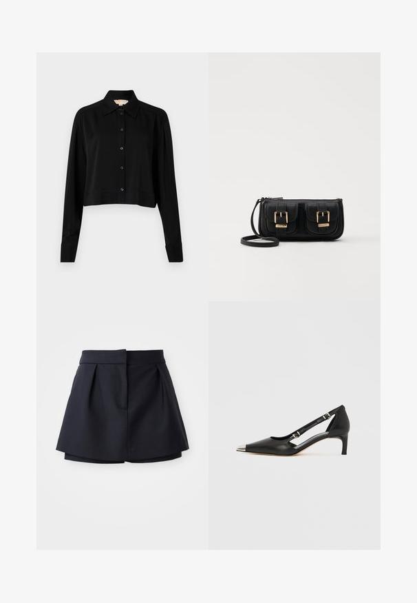 Black cropped shirt with long sleeves, a pointed collar, and button front. Made from smooth fabric with a relaxed fit and cuffed sleeves.; Navy pleated shorts with a high waist, made from smooth fabric. Features a fitted design and hidden front pocket.; Black leather kitten heel with pointed silver toe cap and dual buckle straps on a white background.; Black leather crossbody bag with two front pockets, gold buckles, zipper closure, and a slim strap. Textured surface and compact rectangular shape.