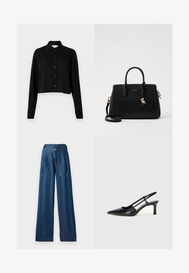 Melnas īsās piedurknes krekls ar garām piedurknēm, smailu apkakli un pogu aizdari. Izgatavots no gludas auduma ar brīvu piegriezumu un piedurkņu apakšām.; Tumši zilie platās kājas džinsi, kas izgatavoti no denima, ar divām priekšējām kabatām, pogu aizdari un kontrastējošiem oranžiem šuvēm.; Melna patent āda ar slīdošo papēdi un smailo purngalu, ar teksturētu čūsku drukājumu, regulējamu siksniņu un īsu teksturētu blokpapēdi.; Melnas ādas rokas soma ar strukturētu dizainu, dubultiem augšējiem rokturiem, noņemamu plecu siksnu, zelta aparatūru un logo piekariņu akcentu.