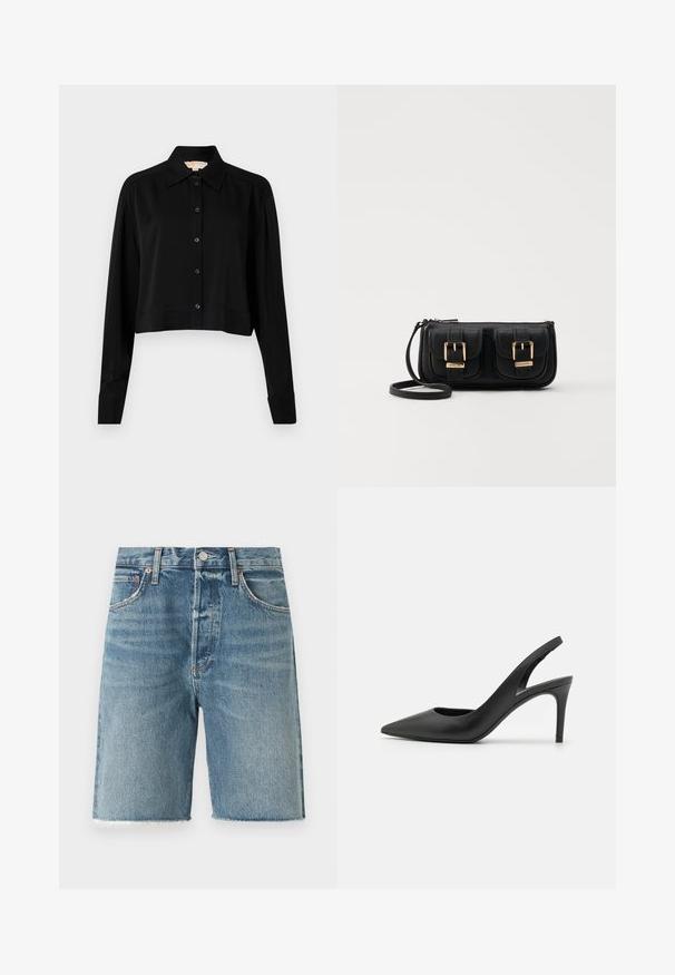 Black cropped shirt with long sleeves, a pointed collar, and button front. Made from smooth fabric with a relaxed fit and cuffed sleeves.; Light blue denim shorts with a frayed hem, five-pocket design, front button closure, and visible stitching details.; Black leather slingback high heels with a pointed toe design, featuring a cutout at the front and a thin stiletto heel.; Black leather crossbody bag with two front pockets, gold buckles, zipper closure, and a slim strap. Textured surface and compact rectangular shape.