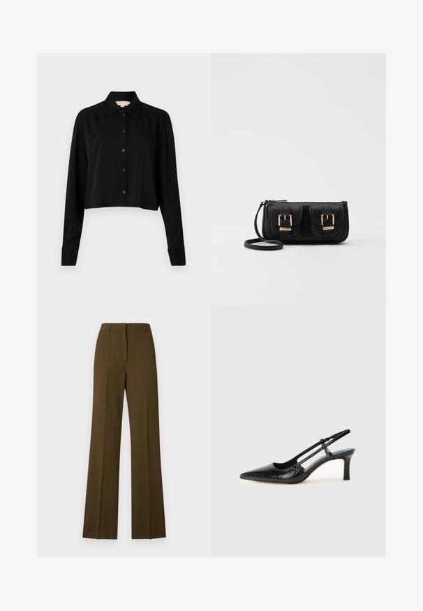 Črni kratki top z dolgimi rokavi, s končnim ovratnikom in gumbi spredaj. Narejen iz gladkega materiala z sproščenim krojem in manšeti na rokavih.; Temno rjavi široki hlače s krojem, ki ima ravno sprednjo stran, pregibe in gladko teksturo.; Črne lakaste slingback pete s koničastim nosom, ki imajo teksturiran vzorec kačje kože, nastavljiv trak in kratek teksturiran blok peto.; Črna usnjena torbica čez ramo z dvema sprednjima žepoma, zlatimi zaponkami, zadrgo in ozkim pasom. Tekstura površine je strukturirana, obliko pa ima kompaktno pravokotno.