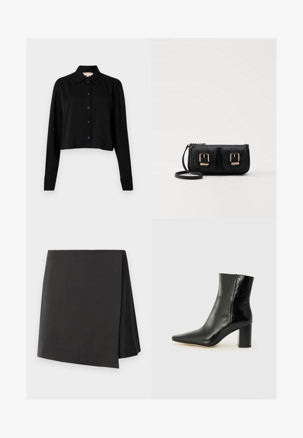 Fekete, rövid fazonú ing hosszú ujjakkal, hegyes gallérral és gombos elejével. Simító anyagból készült, laza szabású és megkötött ujjaival.; Fekete, magas derekú mini szoknya aszimmetrikus szegéllyel, sima anyagból készült, minimális dizájnnal, díszítések nélkül.; Fekete bokacsizma fényes bőrből, hegyes orral és tömör, négyzet alakú sarokkal. Simácska textúrával és minimalista dizájnnal rendelkezik.; Fekete bőr keresztbody táska két elülső zsebbel, arany csattokkal, cipzáras záródással és vékony pánttal. Textúrált felület és kompakt téglalap alak.