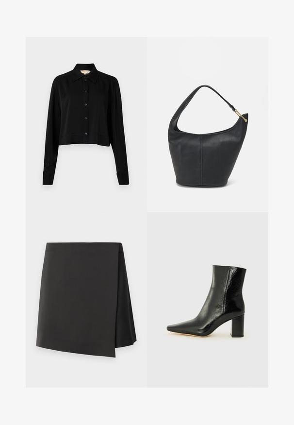 Svart forkortet skjorte med lange ermer, spiss krage og knappelukking foran. Laget av glatt stoff med en avslappet passform og oppbrettede ermer.; Svart høy midje miniskjørt med asymmetrisk kant, laget av glatt stoff, har et minimalistisk design uten dekorasjoner.; Svart ankelstøvel laget av blankt lær med spiss tå og en robust, firkantet hæl. Har en glatt tekstur og en minimalistisk design.; Svart lærveske med en rund form, bred stropp og strukturert overflate. Har en subtil sømdetalj og gullfarget beslag.