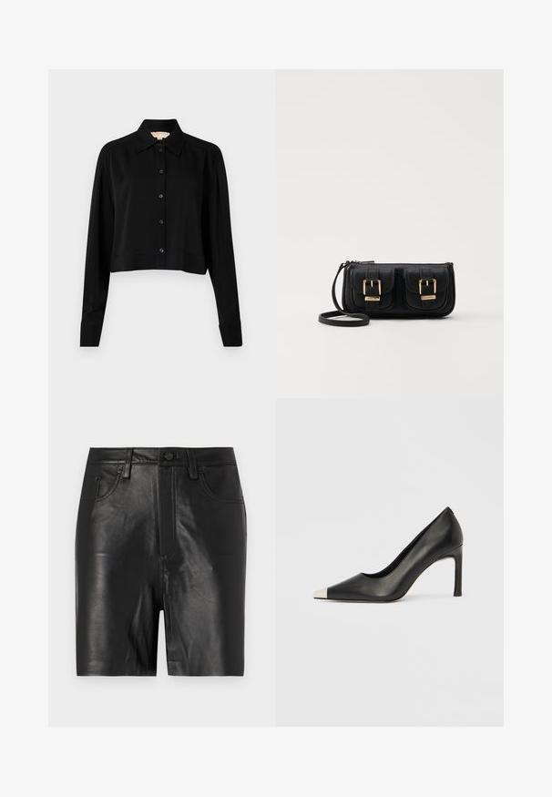 Musta lyhythihainen paita, jossa on pitkät hihat, terävä kaulus ja napitus edessä. Valmistettu sileästä kankaasta, rento istuvuus ja kyynärpäätakkikuhat.; Mustat nahkahousut, joissa on sileä pinta, etuvetoketju, nappikiinnitys ja klassinen viiden taskun muotoilu.; Musta nahkainen korkokenkä, jossa on kärkiosa ja metallinen hopeanvärinen kärki. Kenkä on sileäpintainen ja siinä on kapea 10 cm korko.; Musta nahkainen olkalaukku, jossa on kaksi etutaskua, kultaiset soljet, vetoketjukiinnitys ja kapea hihna. Teksturoidun pinnan ja kompaktin suorakaiteen muoto.