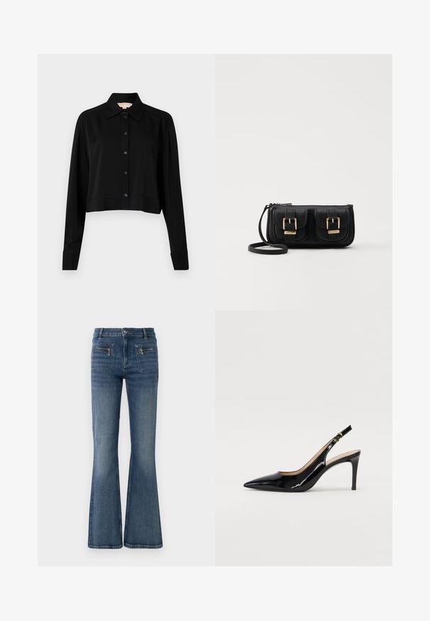 Fekete, rövid fazonú ing hosszú ujjakkal, hegyes gallérral és gombos elejével. Simító anyagból készült, laza szabású és megkötött ujjaival.; Fellábú, kék farmernadrág közepes derékkal, elülső és hátsó zsebekkel, finoman kopott mosással.; Fekete lakk bőr kötött magassarkú cipő, hegyes orral és karcsú sarokkal, finom kivágásos dizájnnal. Az övön arany csatt található.; Fekete bőr keresztbody táska két elülső zsebbel, arany csattokkal, cipzáras záródással és vékony pánttal. Textúrált felület és kompakt téglalap alak.