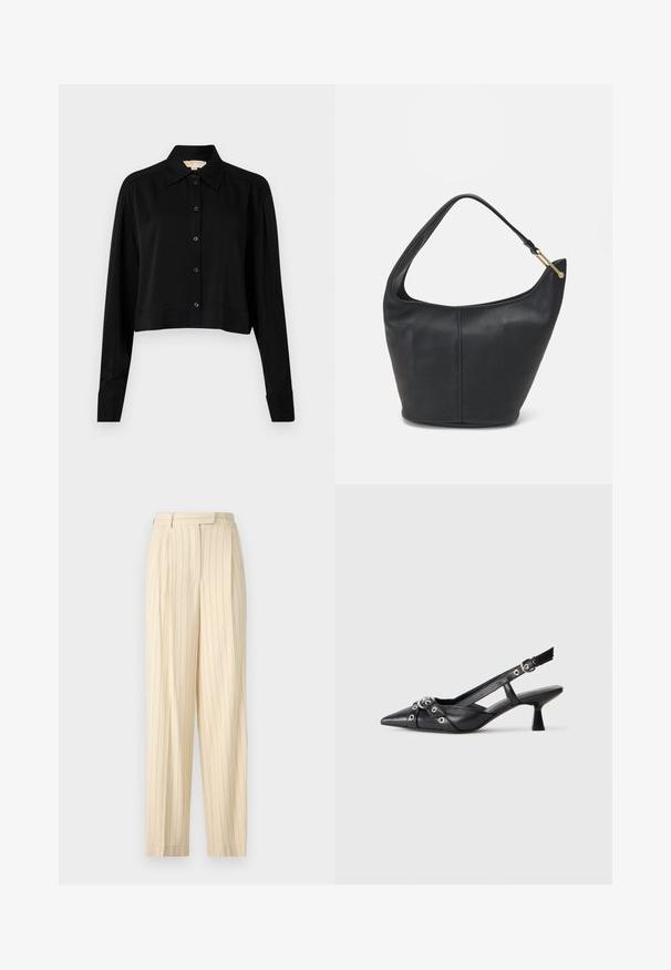 Melnas īsās piedurknes krekls ar garām piedurknēm, smailu apkakli un pogu aizdari. Izgatavots no gludas auduma ar brīvu piegriezumu un piedurkņu apakšām.; Bēšas svītrainas bikses ar augstu jostu, ar krokām un taisnu kāju dizainu. Izgatavotas no gludas auduma ar pielāgotu apdari.; Melnas ādas šlipsveida kurpes ar norādītu purngalu, dekoratīvām joslām ar metāla acīm un zemu bloku papēdi. Teksturēta virsma.; Melnas ādas rokassomi ar noapaļotu formu, platu siksnu un strukturētu apdari. Iezīmējas ar nelielām šuvju detaļām un zelta tonī izstrādātu aparatūru.