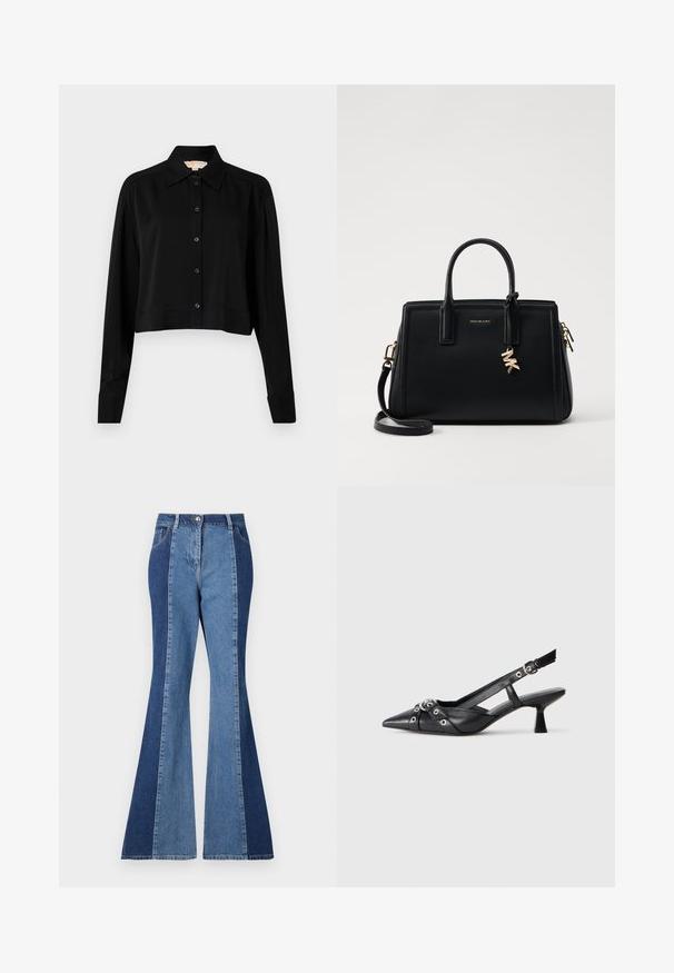 Black cropped shirt with long sleeves, a pointed collar, and button front. Made from smooth fabric with a relaxed fit and cuffed sleeves.; Flared jeans featuring a two-tone design with dark and light blue denim panels, a front button closure, and classic pocket styling.; Black leather slingback shoe with a pointed toe, decorative straps featuring metal eyelets, and a low block heel. Textured surface.; Black leather handbag with structured design, dual top handles, detachable shoulder strap, gold hardware, and a logo charm accent.