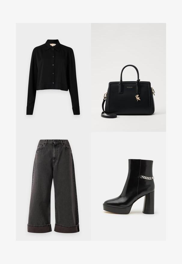 Črni kratki top z dolgimi rokavi, s končnim ovratnikom in gumbi spredaj. Narejen iz gladkega materiala z sproščenim krojem in manšeti na rokavih.; Črne široke kavbojke s zvitimi manšetami, sprednjim gumbom in zadrgo ter stranskimi in sprednjimi žepi.; Črne lakirane gležnjarje z debelo platformo in visokim blok peto. Imajo srebrno verigo kot okras ob strani. Gladka tekstura.; Črna usnjena torbica s strukturirano zasnovo, dvema zgornjima ročajema, odstranjevanim naramnim trakom, zlatim okovjem in dodatkom z logotipom.