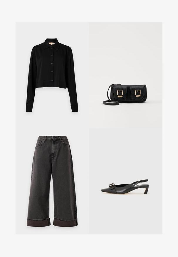 Zwarte cropped shirt met lange mouwen, een spitse kraag en een knoopsluiting aan de voorkant. Gemaakt van soepele stof met een ontspannen pasvorm en manchet-mouwen.; Zwarte wijde jeans met opgerolde zoom, sluiting met voorste knoop en ritssluiting, en zij- en voorzakken.; Zwarte leren slingback schoen met scherpe neus, kleine hak en decoratieve gespdetails op de bovenkant. Stijlvolle textuur, minimalistisch ontwerp.; Zwarte leren schoudertas met twee vo pockets, gouden gespen, ritsluiting en een smalle band. Tekstuur oppervlak en compacte rechthoekige vorm.