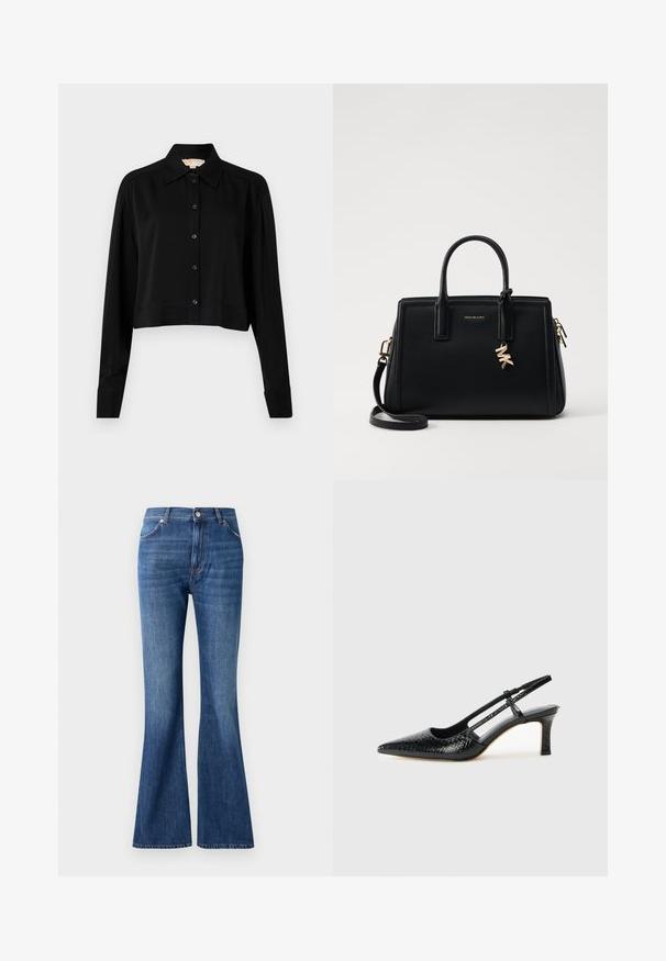 Cămașă neagră scurtă cu mâneci lungi, guler ascuțit și închidere cu nasturi. Fabricată dintr-un material neted, cu o croială lejeră și mâneci cu manșete.; Jeans evazați de culoare albastră din denim, cu talie înaltă, cinci buzunare și un model subtil de uzură aproape de cusături.; Pantofi cu toc slingback negri din patent, cu vârf ascuțit, cu imprimeu de șarpe texturat, curea ajustabilă și toc scurt texturat.; Geantă de mână din piele neagră cu un design structurat, mânere superioare duble, curea de umăr detasabilă, accesorii din aur și un pandantiv cu logo.