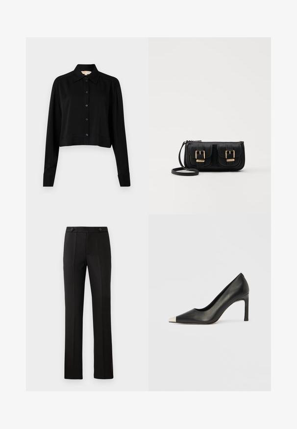 Camisa negra corta con mangas largas, cuello puntiagudo y botones en la parte delantera. Fabricada en un tejido suave con un corte holgado y mangas con puños.; Pantalones negros ajustados con pierna recta, dos bolsillos delanteros, cierre de botón y detalles de pliegues en la parte delantera. Textura de tela suave.; Zapato de tacón alto de cuero negro con punta en forma de pico y una tapa metálica plateada. Presenta un acabado suave y un tacón delgado de 10 cm.; Bolso cruzado de cuero negro con dos bolsillos frontales, hebillas doradas, cierre de cremallera y una correa delgada. Superficie texturizada y forma rectangular compacta.