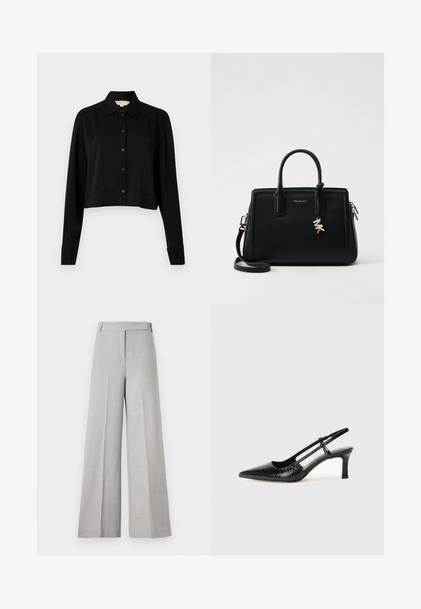Zwarte cropped shirt met lange mouwen, een spitse kraag en een knoopsluiting aan de voorkant. Gemaakt van soepele stof met een ontspannen pasvorm en manchet-mouwen.; Lichtgrijze wijde broek met een soepele textuur, voorzien van een op maat gemaakte tailleband en een voorvouw voor een nette uitstraling.; Zwart patent slingback hak met een spitse neus, voorzien van een gestructureerde slangenprint, verstelbare band en een korte, gestructureerde blokhak.; Zwarte leren handtas met gestructureerd ontwerp, dubbele handvatten aan de bovenkant, afneembare schouderband, gouden hardware en een logo charm accent.