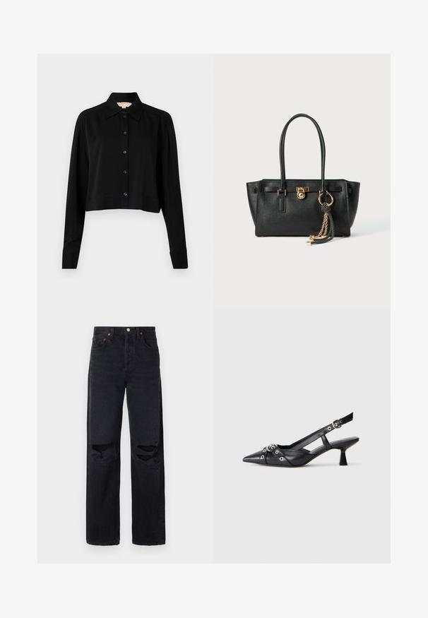 Black cropped shirt with long sleeves, a pointed collar, and button front. Made from smooth fabric with a relaxed fit and cuffed sleeves.; Black denim jeans with a straight-leg cut, featuring two large knee rips, classic five-pocket design, and copper-finish hardware.; Black leather slingback shoe with a pointed toe, decorative straps featuring metal eyelets, and a low block heel. Textured surface.; Black leather handbag with double handles, gold lock and chain detail, and black-and-white tassel accessory against white background.