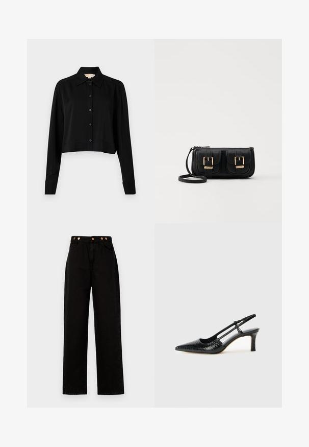 Black cropped shirt with long sleeves, a pointed collar, and button front. Made from smooth fabric with a relaxed fit and cuffed sleeves.; Black denim wide-leg pants with copper button accents, featuring two front pockets and a high waist design. Smooth texture and straight cut.; Black patent slingback heel with a pointed toe, featuring textured snake print, adjustable strap, and a short, textured block heel.; Black leather crossbody bag with two front pockets, gold buckles, zipper closure, and a slim strap. Textured surface and compact rectangular shape.