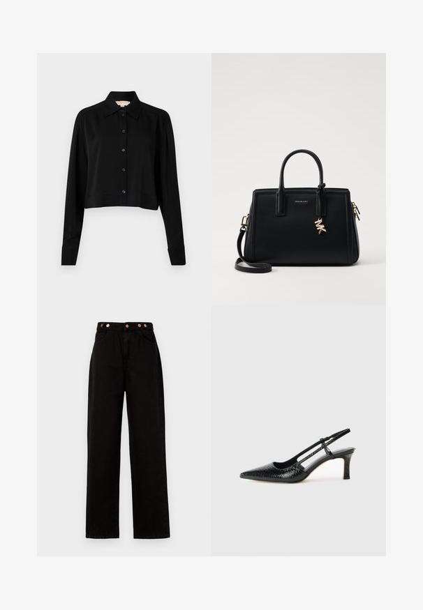 Svart forkortet skjorte med lange ermer, spiss krage og knappelukking foran. Laget av glatt stoff med en avslappet passform og oppbrettede ermer.; Sorte denim bukser med vide ben og kobberknapdetaljer, som har to frontlommer og en højtaljet design. Glat tekstur og lige snit.; Sorte patent slingback hæl med spids tå, featuring tekstureret slangeskind, justerbar rem og en kort, tekstureret blokhæl.; Svart skinnhåndveske med strukturert design, doble topphåndtak, avtakbar skulderrem, gullfarget hardware og en logo-detalj.