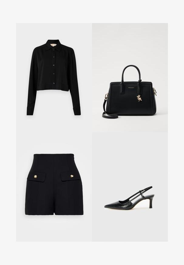 Fekete, rövid fazonú ing hosszú ujjakkal, hegyes gallérral és gombos elejével. Simító anyagból készült, laza szabású és megkötött ujjaival.; sandro Rövidnadrágok - noir; Fekete lakk slingback sarok, hegyes orral, texturált kígyómintával, állítható pánttal és rövid, texturált tömbsarkal.; Fekete bőr kézitáska strukturált dizájnnal, dupla felső fogantyúkkal, levehető vállpánttal, arany színű fémrészletekkel és logómedál díszítéssel.