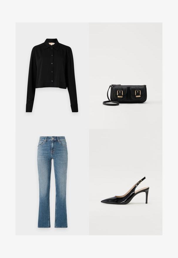 Must must shirt, mille pikkade varrukatega, terava kraega ja nööpidega esiosas. Valmistatud siledast kangast, millel on mugav lõige ja mansetiga varrukad.; Heledad sinine denimist flared teksad, keskmise tõusuga vöökoht, viie taskuga disain ja kontrastne õmblemine. Sile tekstuur kerge pleekimisega.; Must hõbedavärvi patendiga slingback kontsakingad terava varbaga, kitsas konts ja peene lõikega disain. Statistika on kuldne pandla rihmal.; Must küllastamata nahast õlakott, millel on kaks esist nähtavat taskut, kuldsed pandlad, tõmblukuga sulgemine ja peen rihm. Tekstuuriga pind ja kompaktne ristkülikukujuline kuju.