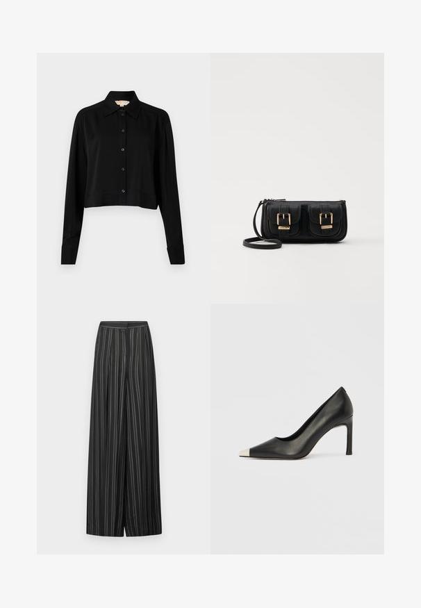 Sort cropped skjorte med lange ærmer, spidse krave og knaplukning foran. Fremstillet af glat stof med en afslappet pasform og manchetærmer.; Sorte vide bukser med lodrette grå striber, har højt talje og glat front, fremstillet af et glat stof med blød tekstur.; Sort læder højhælet sko med spids tå og metal-sølv hætte. Har en glat finish og en slank hæl på 10 cm.; Sort læder crossbody taske med to frontlommer, guldspænder, lynlåslukning og en slank rem. Struktureret overflade og kompakt rektangulær form.