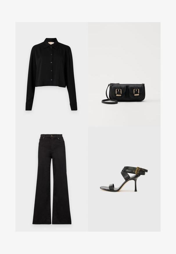 Čierna skrátená košeľa s dlhými rukávmi, špicatým golierom a zapínaním na gombíky. Vyrobená z hladkej látky s voľným strihom a manžetovými rukávmi.; Čierne rozšírené džínsy z denimu s vysokým pásom, s prednými vreckami a kovovými úpravami na gombíku a nitkách.; Čierne sandále na podpätku s prekríženými popruhmi a nastaviteľnou prackou. Majú hladkú textúru a zúžený stiletto podpätok.; Čierna kožená crossbody taška s dvoma prednými vreckami, zlatými sponami, zipsovým uzatváraním a úzkym popruhom. Štruktúrovaný povrch a kompaktný obdĺžnikový tvar.