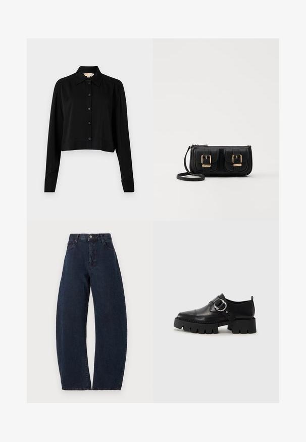 Chemise noire courte à manches longues, col pointu et fermeture par boutons. Fabriquée en tissu lisse avec une coupe décontractée et des manches à poignets.; Jeans taille haute à jambe large en denim bleu foncé. Présentent une fermeture à bouton, cinq poches et une texture subtile. Pas de motifs ou d'accents visibles.; Chaussures noires en cuir avec une semelle épaisse et côtelée, présentant un accent en métal argenté circulaire et des détails de couture minimalistes.; Sac en cuir noir porté en travers avec deux poches avant, boucles dorées, fermeture zippée et une sangle fine. Surface texturée et forme rectangulaire compacte.