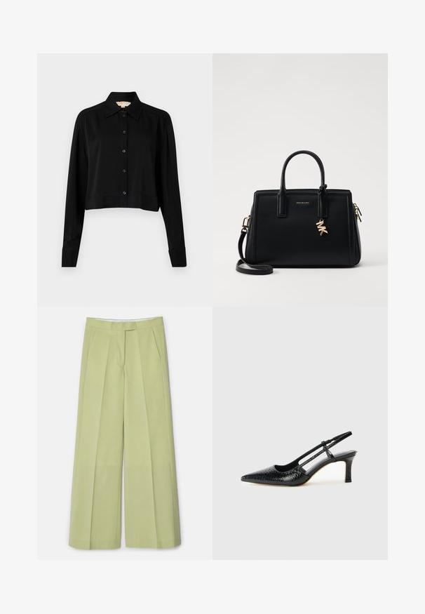 Melnas īsās piedurknes krekls ar garām piedurknēm, smailu apkakli un pogu aizdari. Izgatavots no gludas auduma ar brīvu piegriezumu un piedurkņu apakšām.; Gaiši zaļi platā kāju bikses ar gludu audumu, ar priekšējām krokām, divām sānu kabatām un taisnu piegriezumu.; Melna patent āda ar slīdošo papēdi un smailo purngalu, ar teksturētu čūsku drukājumu, regulējamu siksniņu un īsu teksturētu blokpapēdi.; Melnas ādas rokas soma ar strukturētu dizainu, dubultiem augšējiem rokturiem, noņemamu plecu siksnu, zelta aparatūru un logo piekariņu akcentu.