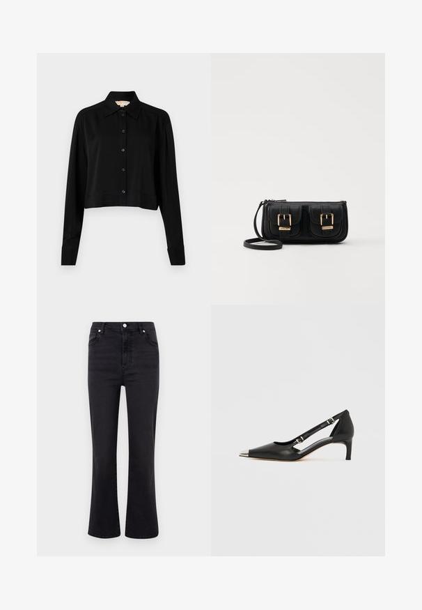 Svart kortärmad skjorta med lång ärm, spetsig krage och knappstängning. Tillverkad av slät tyg med lös passform och uppvikta ärmar.; Svarta utsvängda jeans med hög midja, tillverkade av denim. Har framfickor, en knappstängning och en mjuk yta.; Svart läder kitten heel med spetsig silver-tåhätta och dubbla remmar med spänne på vit bakgrund.; Svart läderaxelväska med två framfickor, guldspännen, dragkedjestängning och en smal rem. Texturerad yta och kompakt rektangulär form.