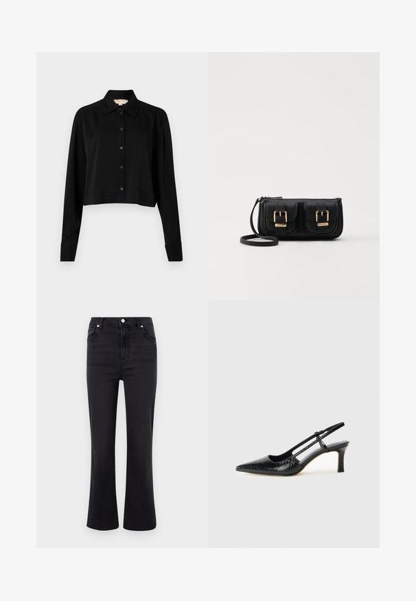 Camisa preta curta com mangas longas, colarinho pontudo e fecho à frente com botões. Feita de um tecido suave, com um corte descontraído e mangas com punhos.; Jeans pretos à boca de sino com cintura alta, feitos de denim. Apresentam bolsos frontais, fecho com botão e uma textura suave.; Salto slingback em patente preta com bico apontado, apresentando um padrão de pele de cobra texturizado, tira ajustável e um salto bloco curto e texturizado.; Bolsa de ombro em couro preto com dois bolsos frontais, fivelas douradas, fecho de zíper e uma alça fina. Superfície texturizada e forma retangular compacta.