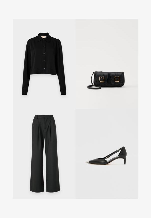 Svart forkortet skjorte med lange ermer, spiss krage og knappelukking foran. Laget av glatt stoff med en avslappet passform og oppbrettede ermer.; Won Hundred CAMILLE TROUSERS - Bukse - licorice; Sort skinn kittenhel med spiss sølv tåhette og doble spenne-stropper på hvit bakgrunn.; Svart skinn crossbody veske med to frontlommer, gyldne spenner, glidelåslukking og en slank stropp. Teksturert overflate og kompakt rektangulær form.