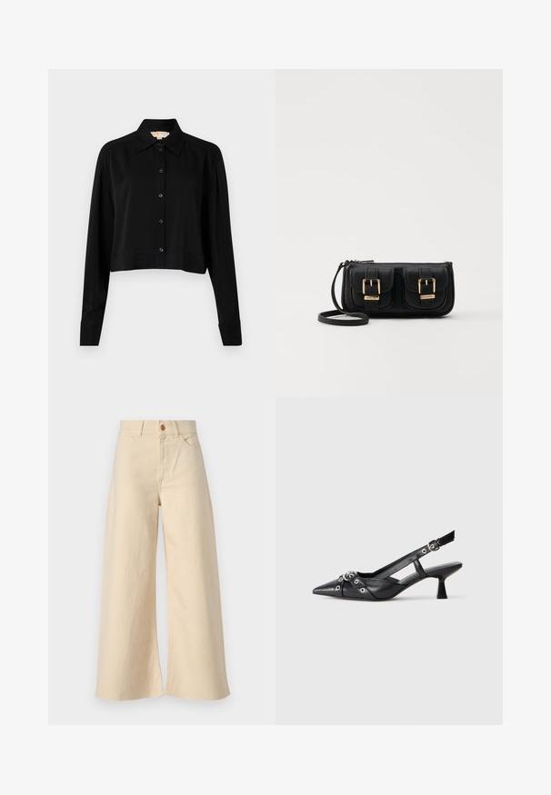 Camisa negra corta con mangas largas, cuello puntiagudo y botones en la parte delantera. Fabricada en un tejido suave con un corte holgado y mangas con puños.; Pantalones vaqueros de pierna ancha en color beige, confeccionados en denim, con una cintura alta, bolsillos frontales, cierre de botón y detalles de dobladillo deshilachado.; Zapato de slingback negro de piel con punta afilada, correas decorativas con ojales de metal y un tacón bajo y ancho. Superficie texturizada.; Bolso cruzado de cuero negro con dos bolsillos frontales, hebillas doradas, cierre de cremallera y una correa delgada. Superficie texturizada y forma rectangular compacta.