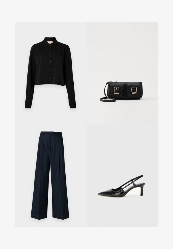 Black cropped shirt with long sleeves, a pointed collar, and button front. Made from smooth fabric with a relaxed fit and cuffed sleeves.; Wide-leg trousers in dark navy, featuring a subtle textured floral pattern, tailored waistband, and crisp cuffs at the hem.; Black patent slingback heel with a pointed toe, featuring textured snake print, adjustable strap, and a short, textured block heel.; Black leather crossbody bag with two front pockets, gold buckles, zipper closure, and a slim strap. Textured surface and compact rectangular shape.