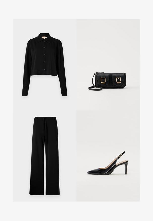 Black cropped shirt with long sleeves, a pointed collar, and button front. Made from smooth fabric with a relaxed fit and cuffed sleeves.; Wide-leg black trousers made from soft fabric, featuring a drawstring waist, smooth texture, and no visible pockets or patterns.; Black patent leather slingback pump with pointed toe, slim heel, and a subtle cutout design. Features a gold buckle on the strap.; Black leather crossbody bag with two front pockets, gold buckles, zipper closure, and a slim strap. Textured surface and compact rectangular shape.