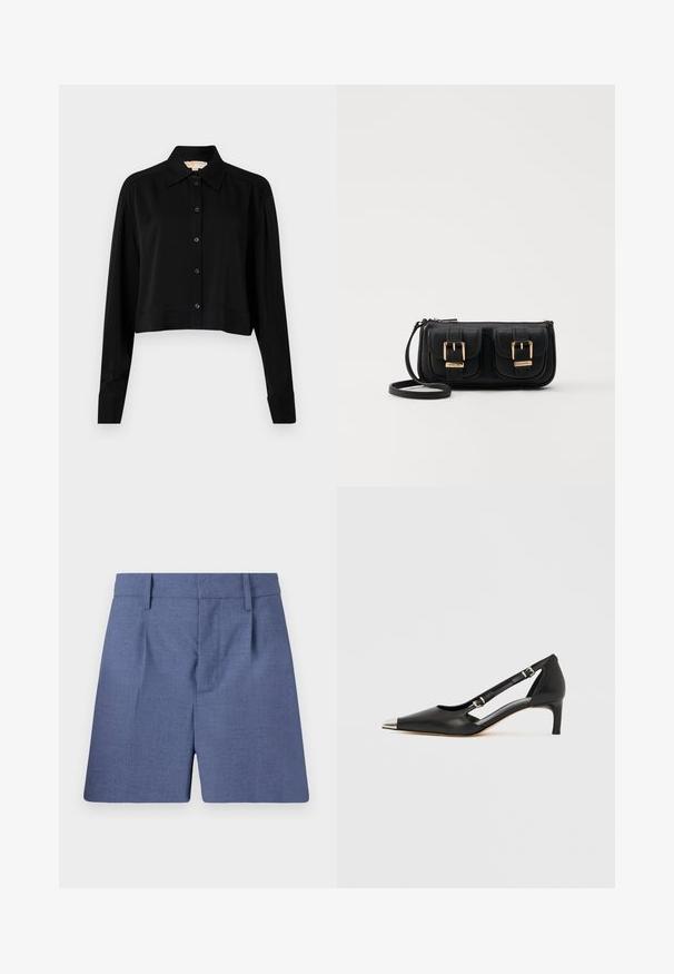Zwarte cropped shirt met lange mouwen, een spitse kraag en een knoopsluiting aan de voorkant. Gemaakt van soepele stof met een ontspannen pasvorm en manchet-mouwen.; Blauwe op maat gemaakte shorts met riemlussen, voorplooien en een verborgen voorkeursluiting, weergegeven tegen een witte achtergrond.; Zwart leren kittenhak met puntige zilveren neus en dubbele gespsluitingen op een witte achtergrond.; Zwarte leren schoudertas met twee vo pockets, gouden gespen, ritsluiting en een smalle band. Tekstuur oppervlak en compacte rechthoekige vorm.