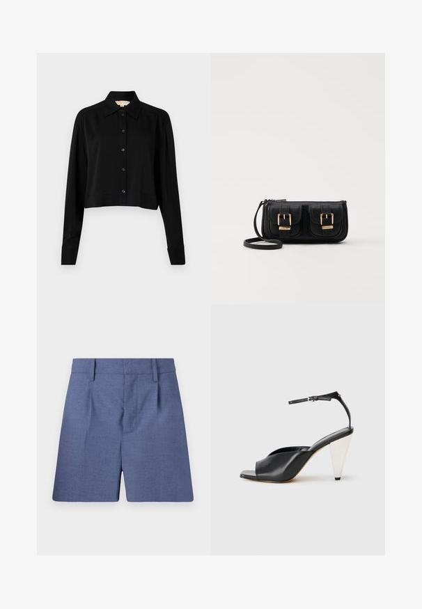 Camicia nera cropped con maniche lunghe, colletto a punta e chiusura con bottoni. Realizzata in tessuto morbido, con vestibilità rilassata e maniche a polsino.; Pantaloni corti blu su misura con passanti per cintura, pince frontali e chiusura frontale nascosta, presentati su uno sfondo bianco.; Sandal con tacco alto in pelle nera, con punta aperta, design asimmetrico, cinturino alla caviglia e tacco metallico a forma di cono. Texture liscia.; Borsa a tracolla nera in pelle con due tasche frontali, fibbie dorate, chiusura con zip e una tracolla sottile. Superficie texturizzata e forma rettangolare compatta.