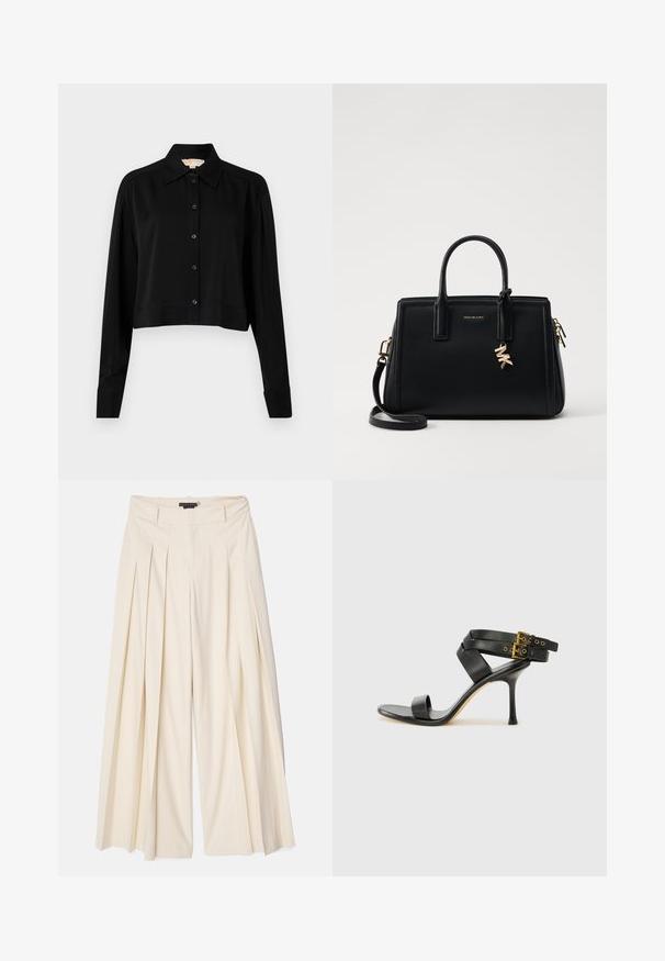 Črni kratki top z dolgimi rokavi, s končnim ovratnikom in gumbi spredaj. Narejen iz gladkega materiala z sproščenim krojem in manšeti na rokavih.; Alice + Olivia SIMON WIDE LEG TROUSER - Hlače - solid oatmeal; Črne sandale na peto z križnimi trakovi in prilagodljivo zaponko. Imajo gladko teksturo in zožen peto.; Črna usnjena torbica s strukturirano zasnovo, dvema zgornjima ročajema, odstranjevanim naramnim trakom, zlatim okovjem in dodatkom z logotipom.