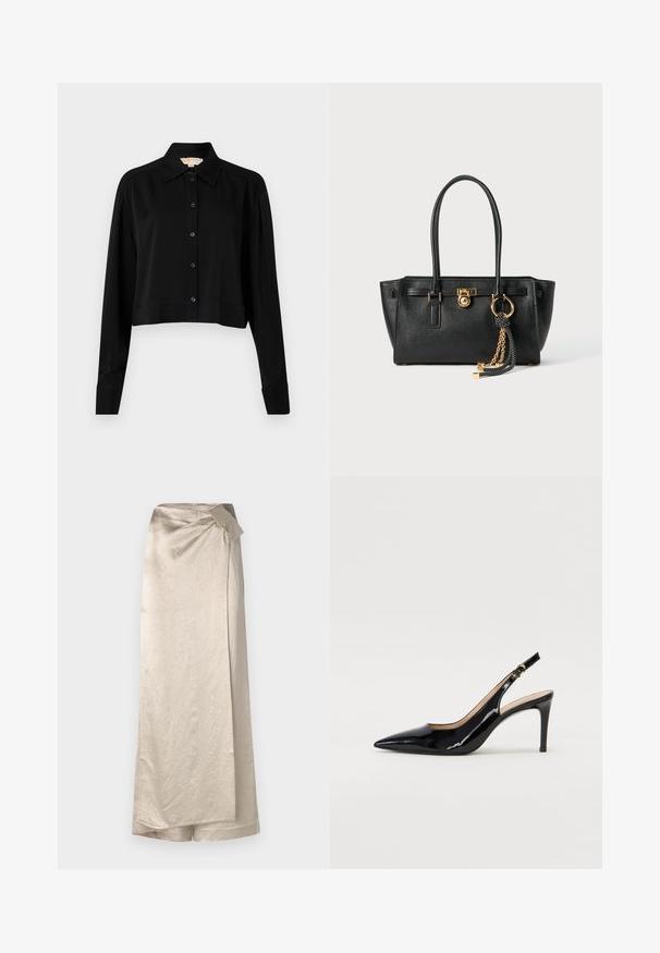 Crna skraćena košulja s dugim rukavima, uspravnim kragnom i dugmadi sprijeda. Izrađena od glatkog materijala s opuštenim krojem i manžetama.; Duga, bež suknja izrađena od sjajnog, teksturiranog materijala. Ima dizajn omote s bočnim mašnom i čistim rubom.; Crne lakirane slingback cipele s oštrim vrhom, uskim potpeticama i suptilnim izrezom. Sadrže zlatnu kopču na traku.; Crna kožna torba s dvostrukim ručkama, zlatnom bravicom i lancem kao detaljem, te crno-bijelim resicom kao dodatkom, sve na bijeloj pozadini.