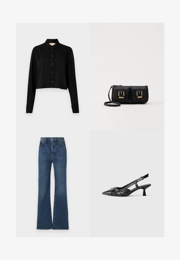 Camisa negra corta con mangas largas, cuello puntiagudo y botones en la parte delantera. Fabricada en un tejido suave con un corte holgado y mangas con puños.; Jeans acampanados de mezclilla azul con cintura alta, diseño de cinco bolsillos y un sutil desgaste en la tela para añadir textura y profundidad.; Zapato de slingback negro de piel con punta afilada, correas decorativas con ojales de metal y un tacón bajo y ancho. Superficie texturizada.; Bolso cruzado de cuero negro con dos bolsillos frontales, hebillas doradas, cierre de cremallera y una correa delgada. Superficie texturizada y forma rectangular compacta.