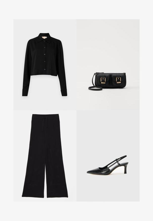 Čierna skrátená košeľa s dlhými rukávmi, špicatým golierom a zapínaním na gombíky. Vyrobená z hladkej látky s voľným strihom a manžetovými rukávmi.; Čierne široké nohavice vyrobené z sieťoviny s pásom na šnúrku. Textúra je priedušná a ľahká, vhodná na neformálne nosenie.; Čierne patentové slingback topánky na ihlovom podpätku s špicatou špičkou, s textúrovaným hadím vzorom, nastaviteľným popruhom a krátkym, textúrovaným blokovým podpätkom.; Čierna kožená crossbody taška s dvoma prednými vreckami, zlatými sponami, zipsovým uzatváraním a úzkym popruhom. Štruktúrovaný povrch a kompaktný obdĺžnikový tvar.