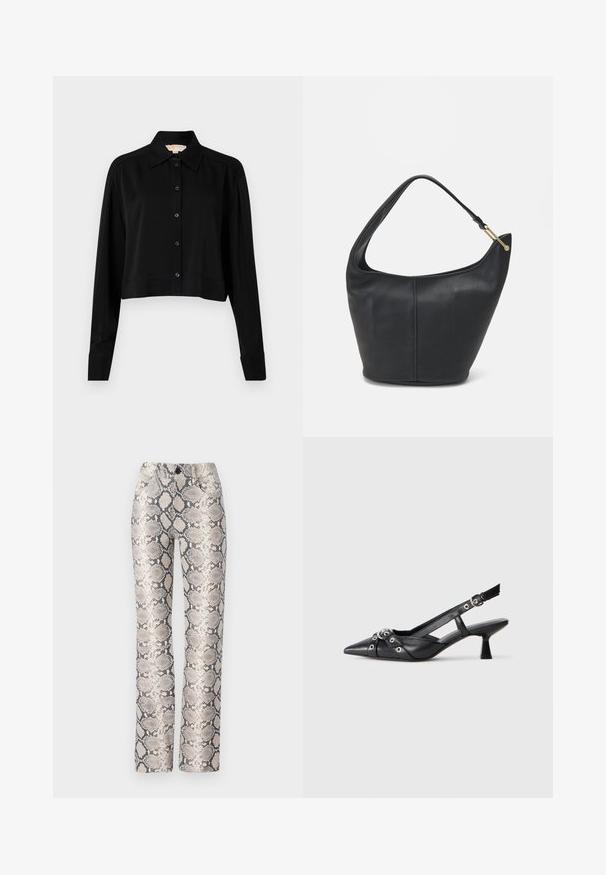 Schwarzes, kurzes Hemd mit langen Ärmeln, einem spitzen Kragen und Knopfverschluss. Hergestellt aus glattem Stoff mit lockerer Passform und geknöpften Ärmeln.; Schlangenlederdruck-Hosen in einem beige-grauen Farbschema. Gerade geschnittenes Design mit einer strukturierten Oberfläche und Vorderaschen. Verfügt über einen Knopfverschluss.; Schwarzer Leder-Slingback-Schuh mit spitz zulaufender Zehenpartie, dekorativen Riemen mit METALLÖSEN und niedrigem Blockabsatz. Strukturelle Oberfläche.; Schwarze Lederhandtasche mit abgerundeter Form, breitem Tragegurt und strukturiertem Finish. Besitzt eine subtile Nahtdetails und einen Akzent aus goldfarbenem Metall.