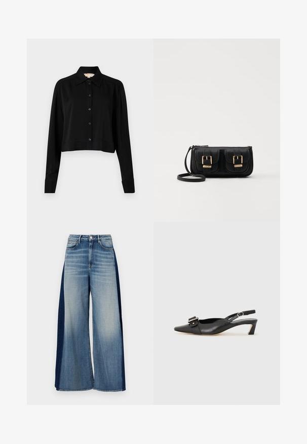 Cămașă neagră scurtă cu mâneci lungi, guler ascuțit și închidere cu nasturi. Fabricată dintr-un material neted, cu o croială lejeră și mâneci cu manșete.; Jeans din denim cu picioare largi, având un design bicolor, cu fața de culoare albastru deschis și panouri laterale de culoare albastru închis, cu un brâu clasic și închidere cu buton.; Pantofii negri din piele cu toc mic, vârf ascuțit și detaliu decorativ cu cataramă pe partea superioară. Textură netedă, design minimal.; Geantă neagră din piele, tip crossbody, cu două buzunare frontale, catarame aurii, închidere cu fermoar și o curea subțire. Suprafață texturată și formă rectangulară compactă.