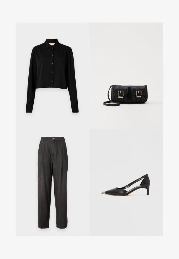 Svart forkortet skjorte med lange ermer, spiss krage og knappelukking foran. Laget av glatt stoff med en avslappet passform og oppbrettede ermer.; Mørkegrå denimbukser med høy midje, legg på forsiden, rette ben og en enkelt knappelukking i midjen.; Sort skinn kittenhel med spiss sølv tåhette og doble spenne-stropper på hvit bakgrunn.; Svart skinn crossbody veske med to frontlommer, gyldne spenner, glidelåslukking og en slank stropp. Teksturert overflate og kompakt rektangulær form.