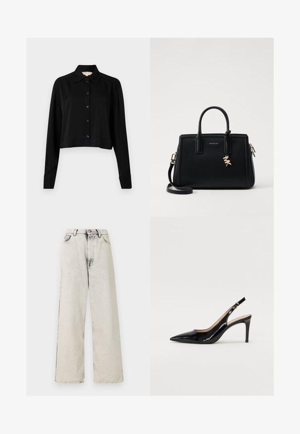 Juodas trumpas marškinėliai su ilgomis rankovėmis, smailiu apykakle ir mygtukų priekyje. Pagamintas iš lygaus audinio su laisvu siluetu ir apverčiamos rankovėmis.; Platus kojos džinsai šviesiai smėlio spalvos su išblukusiomis, pažeistomis detalėmis. Turi penkias kišenes ir metalinį mygtuką užsegimui juosmens srityje.; Juodas lakinės odos slingback batelis su smailiu nosiu, plonu kulnu ir subtiliu išpjovos dizainu. Yra auksinė sagtis ant dirželio.; Juodas odinis rankinė su struktūrizuotu dizainu, dviem viršutinėmis rankenėlėmis, nuimamu petiniu dirželiu, auksiniais akcentais ir logotipo pakabuku.