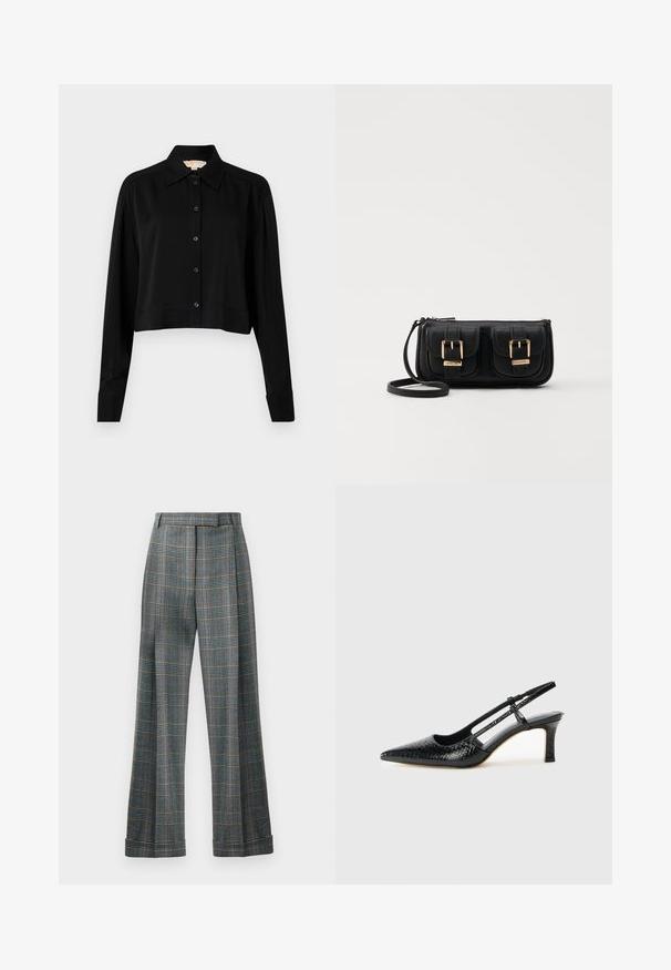 Schwarzes, kurzes Hemd mit langen Ärmeln, einem spitzen Kragen und Knopfverschluss. Hergestellt aus glattem Stoff mit lockerer Passform und geknöpften Ärmeln.; Kariertes Hosen mit einer Farbgestaltung in Blau, Grau und Orange, weitem Bein-Design und Bügelfalten; aus einem strukturierten Stoff gefertigt.; Schwarze Lack-Slingback-Pumps mit spitzem Zehenbereich, versehen mit strukturiertem Schlangenprint, verstellbarem Riemen und einem kurzen, strukturierten Blockabsatz.; Schwarze Leder-Umhängetasche mit zwei vorderen Taschen, goldenen Schnallen, Reißverschluss und einem schmalen Tragegurt. Texturierte Oberfläche und kompakte rechteckige Form.