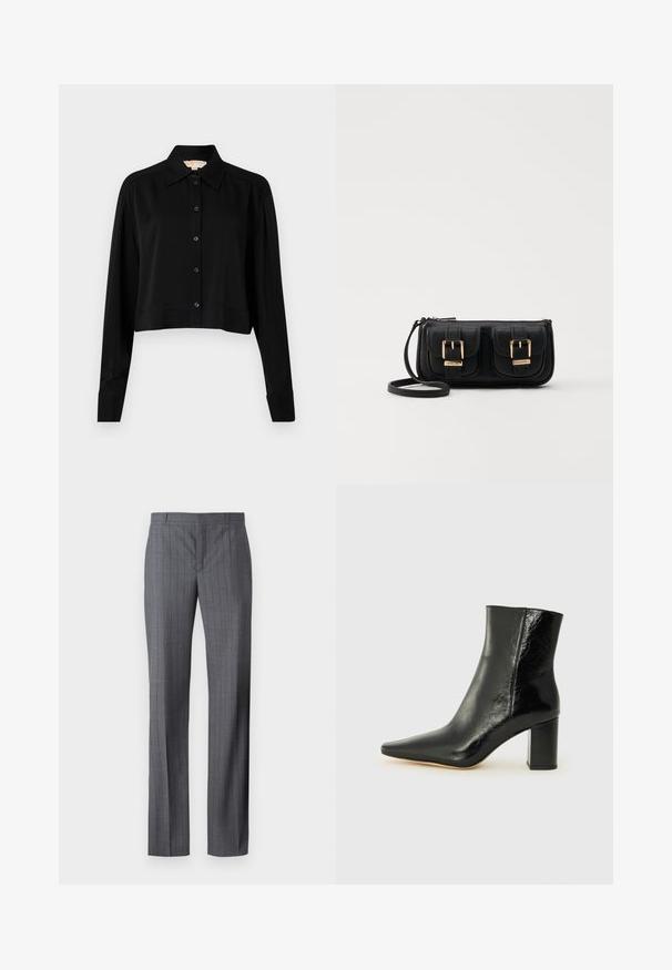 Schwarzes, kurzes Hemd mit langen Ärmeln, einem spitzen Kragen und Knopfverschluss. Hergestellt aus glattem Stoff mit lockerer Passform und geknöpften Ärmeln.; Graue, gestreifte Hosen aus glattem Stoff mit geradem Bein, flachem Bund und ohne sichtbare Taschen oder Verzierungen.; Schwarze Knöchelstiefelette aus glänzendem Leder mit spitzem Zeh und klobigem, quadratischem Absatz. Verfügt über eine glatte Textur und ein minimalistisches Design.; Schwarze Leder-Umhängetasche mit zwei vorderen Taschen, goldenen Schnallen, Reißverschluss und einem schmalen Tragegurt. Texturierte Oberfläche und kompakte rechteckige Form.
